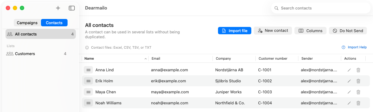 Dearmailo contact library with a sample customer list and import controls