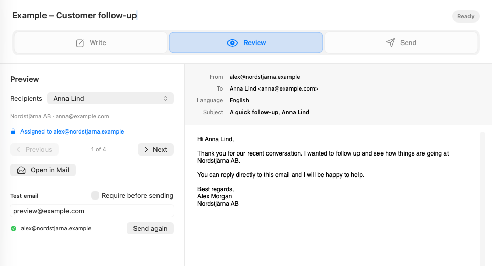 Dearmailo recipient preview with sender, subject, message and test controls