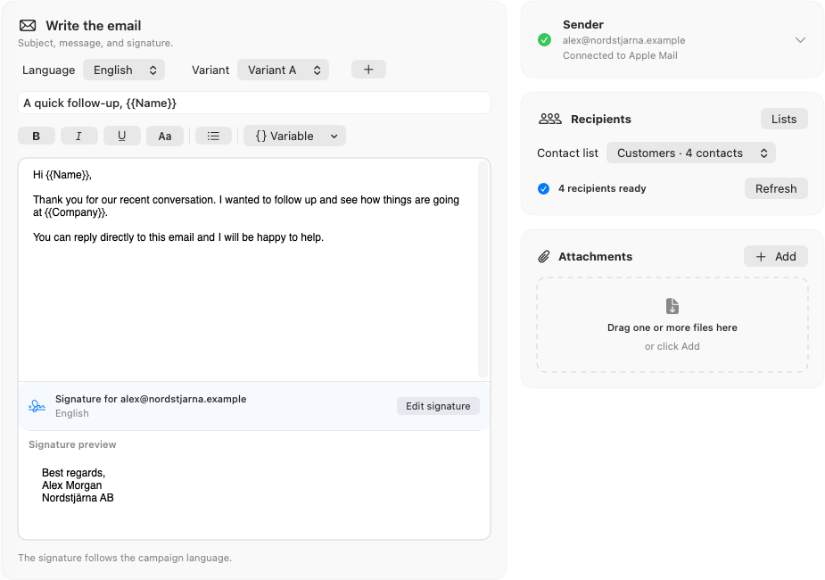 Dearmailo message editor with contact variables and an English sender signature